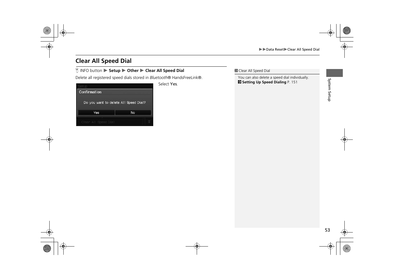 Clear all speed dial | HONDA 2015 CR-Z - Navigation Manual User Manual | Page 54 / 208