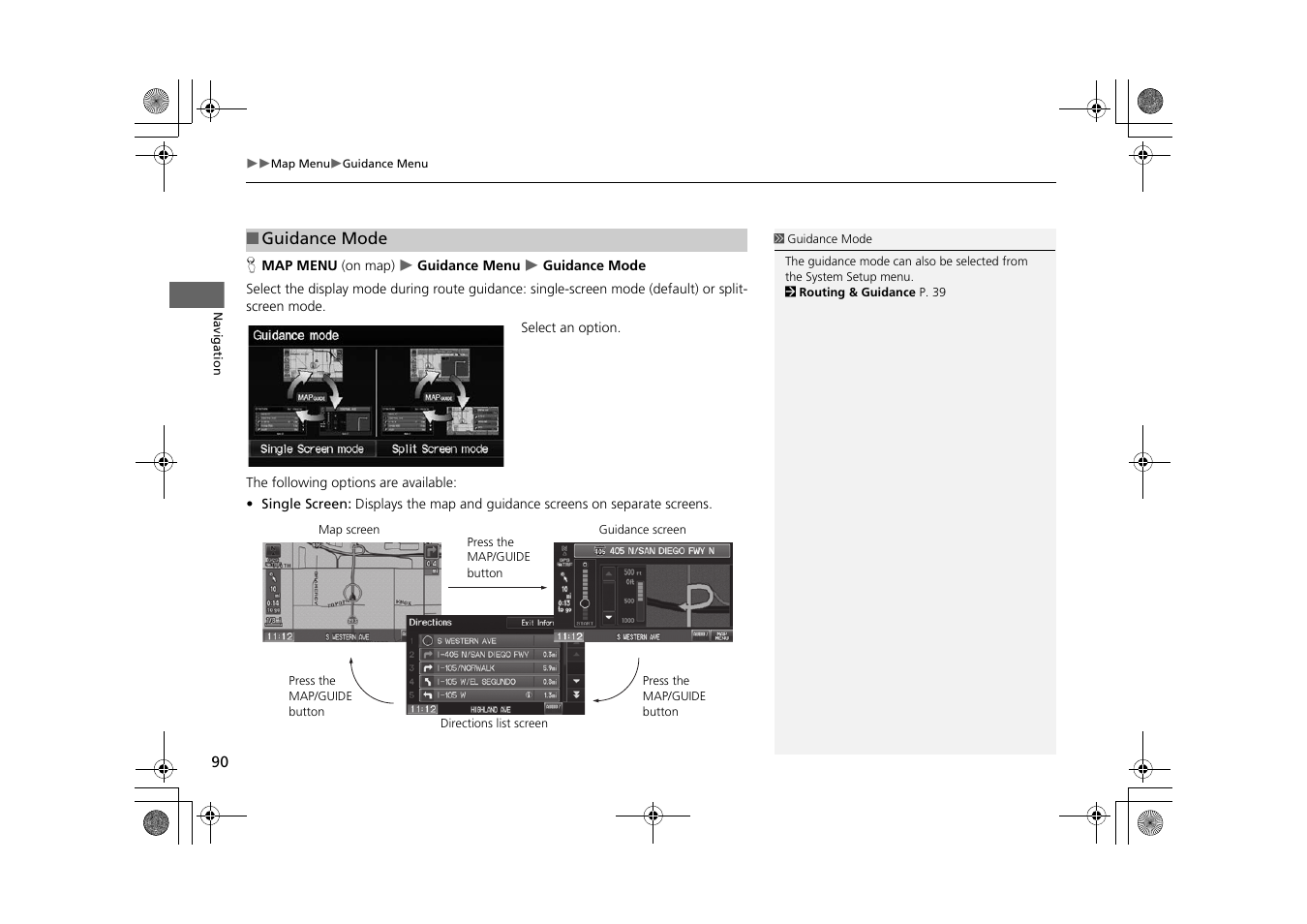 P90), Guidance screen, 2 guidance mode | P. 90, 2 guidance mode p. 90 | HONDA 2015 CR-Z - Navigation Manual User Manual | Page 91 / 208