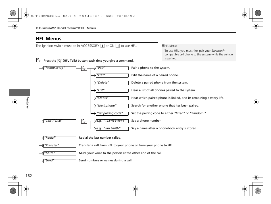 Hfl menus | HONDA 2015 CR-Z - Owner's Manual User Manual | Page 163 / 329