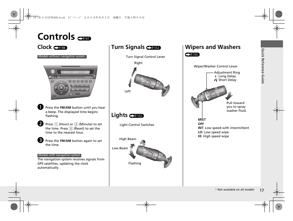 Controls (p97), Controls, Clock | Turn signals, Lights, Wipers and washers | HONDA 2015 CR-Z - Owner's Manual User Manual | Page 18 / 329