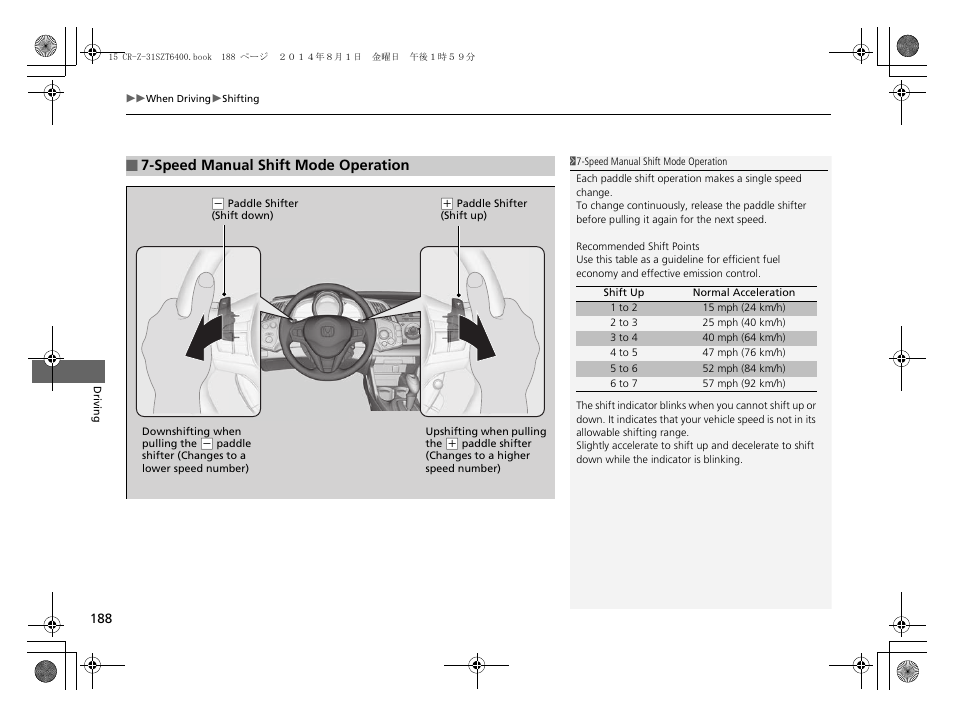 P 188, P188), Speed manual shift mode operation | HONDA 2015 CR-Z - Owner's Manual User Manual | Page 189 / 329