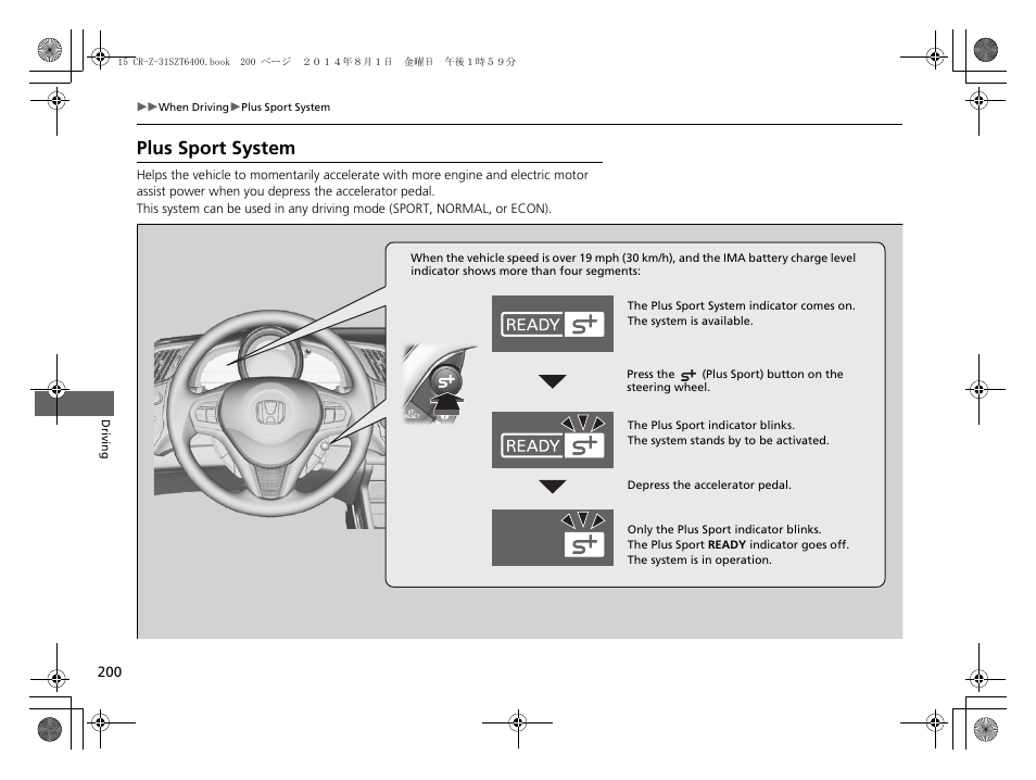 P200), Plus sport system | HONDA 2015 CR-Z - Owner's Manual User Manual | Page 201 / 329