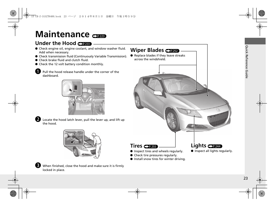 Maintenance (p223), Maintenance, Under the hood | Lights, Wiper blades, Tires | HONDA 2015 CR-Z - Owner's Manual User Manual | Page 24 / 329