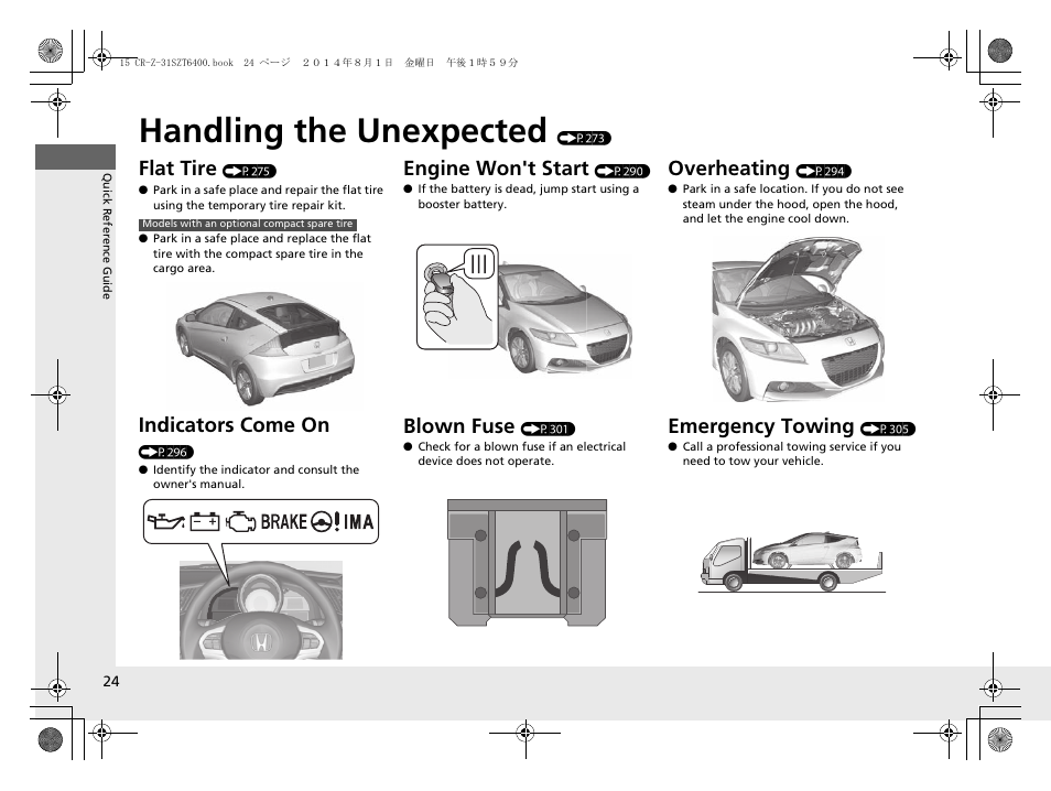 Handling the unexpected (p273), Handling the unexpected, Flat tire | Indicators come on, Engine won't start, Blown fuse, Overheating, Emergency towing | HONDA 2015 CR-Z - Owner's Manual User Manual | Page 25 / 329