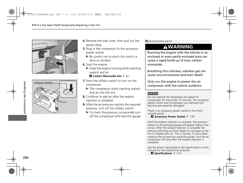 Warning | HONDA 2015 CR-Z - Owner's Manual User Manual | Page 285 / 329