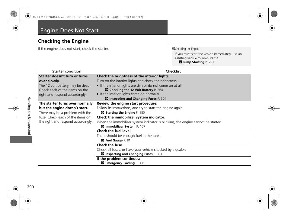 Engine does not start p, P290), Engine does not start | Checking the engine | HONDA 2015 CR-Z - Owner's Manual User Manual | Page 291 / 329