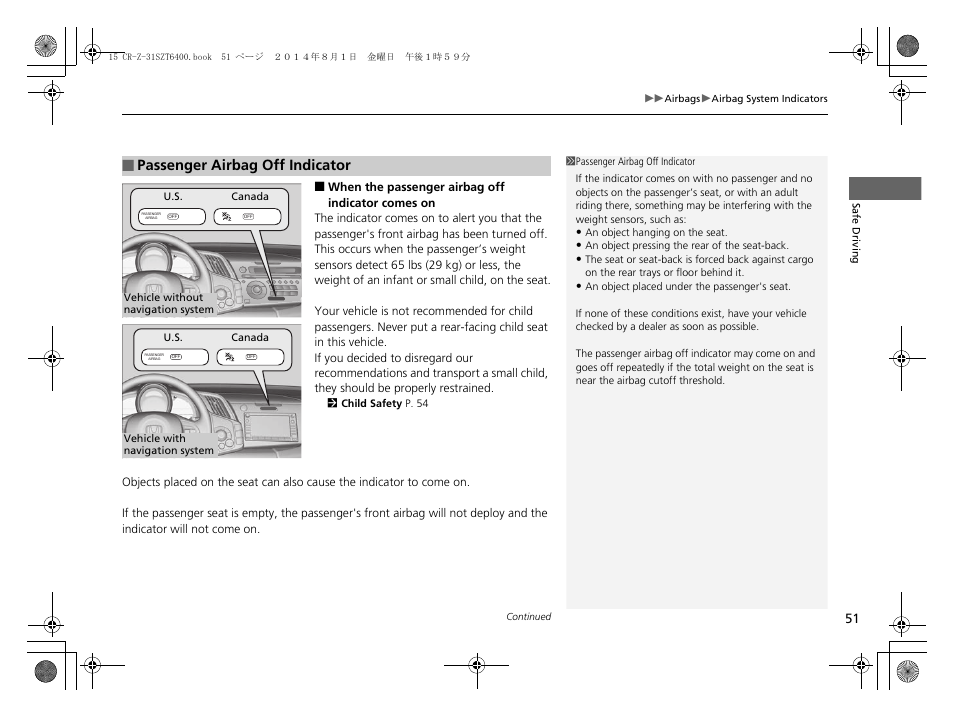 Passenger airbag off indicator | HONDA 2015 CR-Z - Owner's Manual User Manual | Page 52 / 329