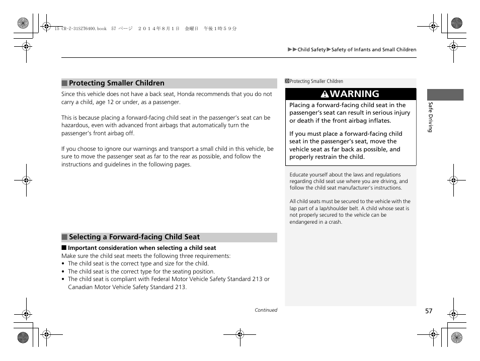 Warning | HONDA 2015 CR-Z - Owner's Manual User Manual | Page 58 / 329