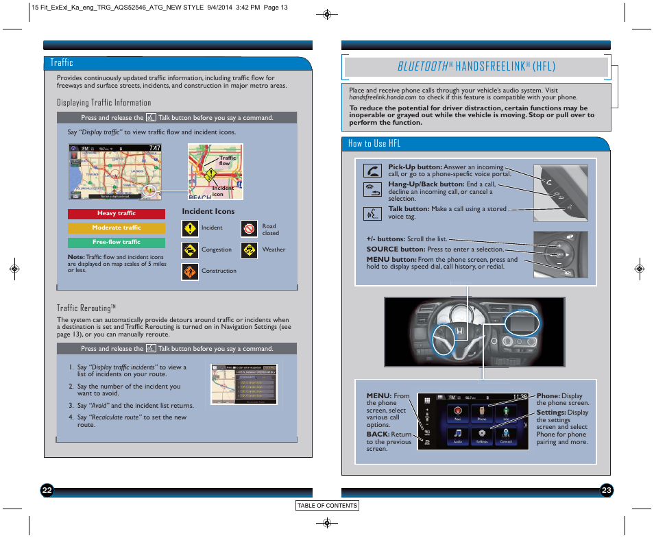 Bluetooth, Handsfreelink, Hfl) | P. 23, Traffic, How to use hfl | HONDA 2015 Fit (EX/EX-L) - Technology Reference Guide (Revised 10/11/2014) User Manual | Page 13 / 20