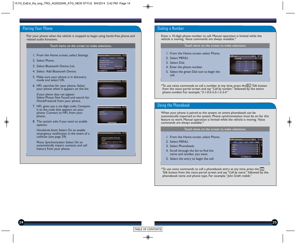 Pairing your phone, Dialing a number, Using the phonebook | HONDA 2015 Fit (EX/EX-L) - Technology Reference Guide (Revised 10/11/2014) User Manual | Page 14 / 20