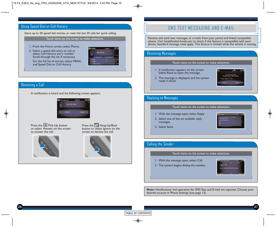 Sms text messaging and e-mail | HONDA 2015 Fit (EX/EX-L) - Technology Reference Guide (Revised 10/11/2014) User Manual | Page 15 / 20