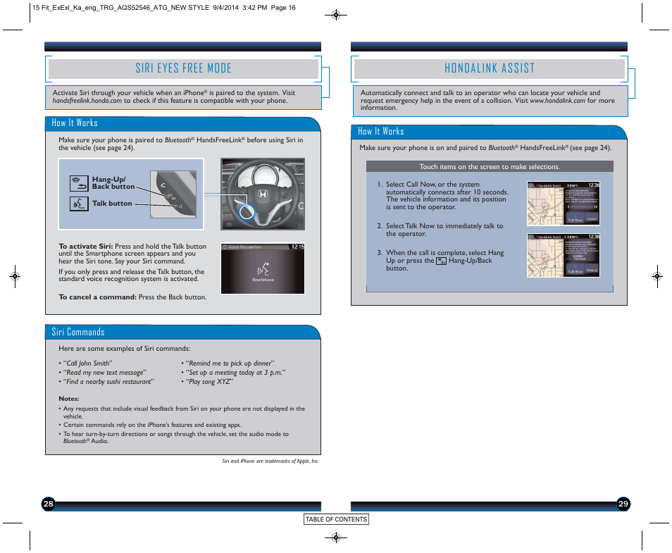 Siri eyes free mode hondalink assist, Siri eyes free mode, Hondalink assist | How it works, Siri commands | HONDA 2015 Fit (EX/EX-L) - Technology Reference Guide (Revised 10/11/2014) User Manual | Page 16 / 20