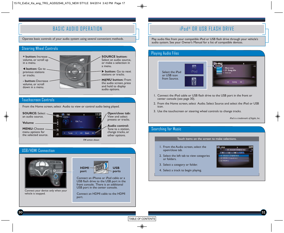 Basic audio operation ipod, Or usb flash drive, Basic audio operation | Ipod | HONDA 2015 Fit (EX/EX-L) - Technology Reference Guide (Revised 10/11/2014) User Manual | Page 17 / 20