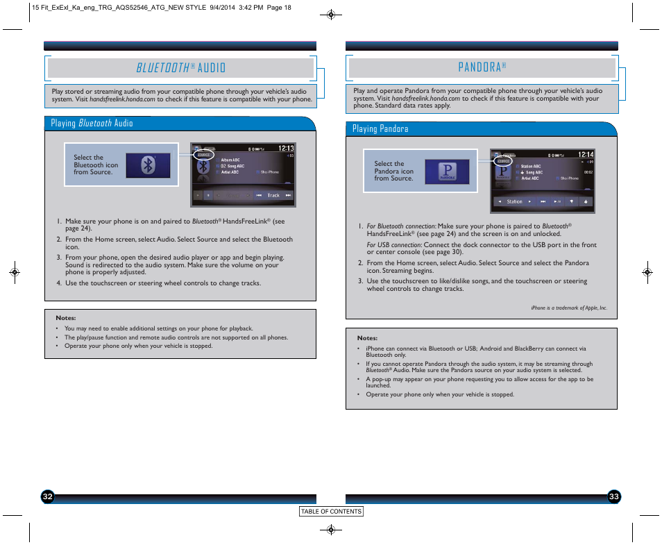 Bluetooth, Audio, Pandora | Playing bluetooth audio, Playing pandora | HONDA 2015 Fit (EX/EX-L) - Technology Reference Guide (Revised 10/11/2014) User Manual | Page 18 / 20