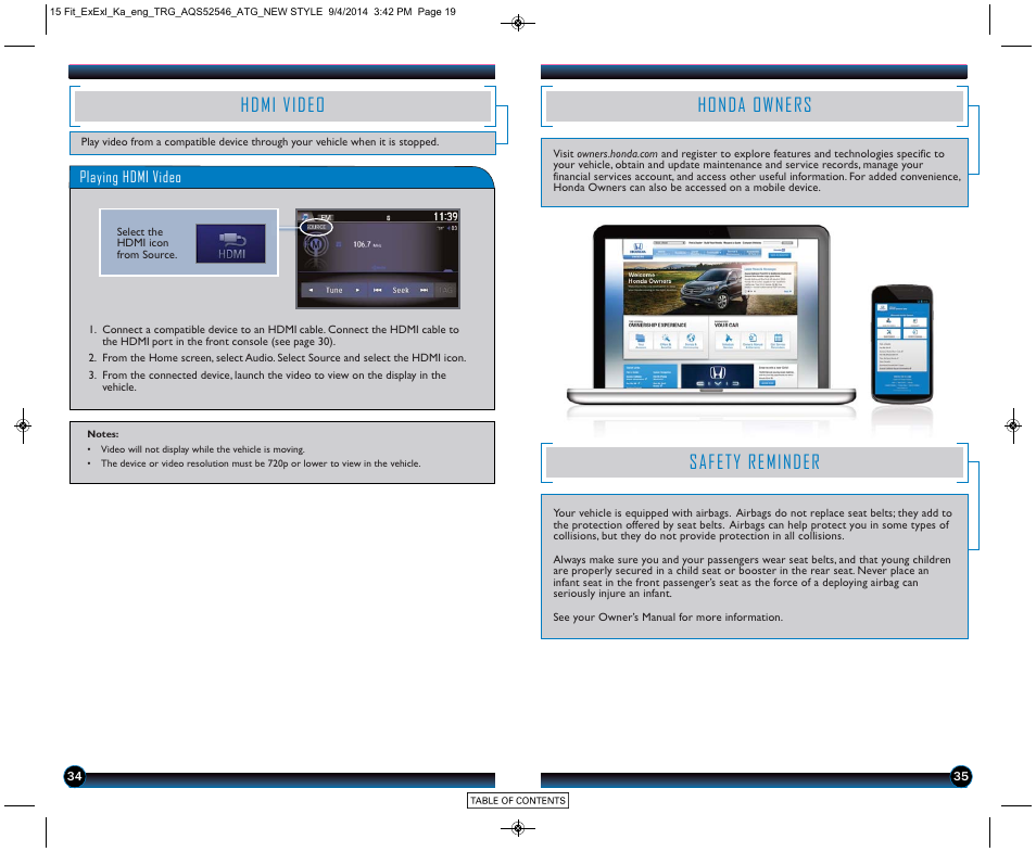 Hdmi video honda owners safety reminder, Hdmi video, Honda owners | Safety reminder | HONDA 2015 Fit (EX/EX-L) - Technology Reference Guide (Revised 10/11/2014) User Manual | Page 19 / 20