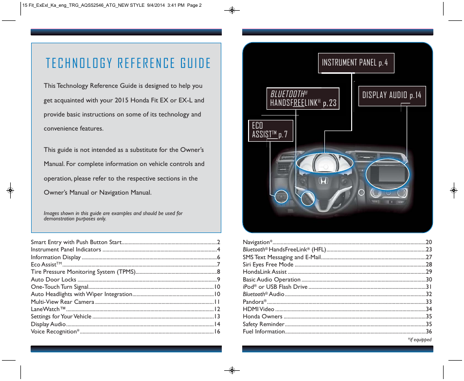 Bluetooth, Eco assist, P. 7 | Handsfreelink | HONDA 2015 Fit (EX/EX-L) - Technology Reference Guide (Revised 10/11/2014) User Manual | Page 2 / 20