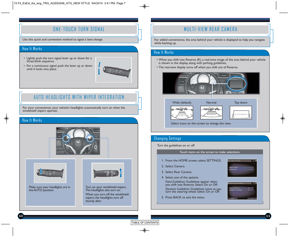 One-touch turn signal, Auto headlights with wiper integration, Multi-view rear camera | HONDA 2015 Fit (EX/EX-L) - Technology Reference Guide (Revised 10/11/2014) User Manual | Page 7 / 20