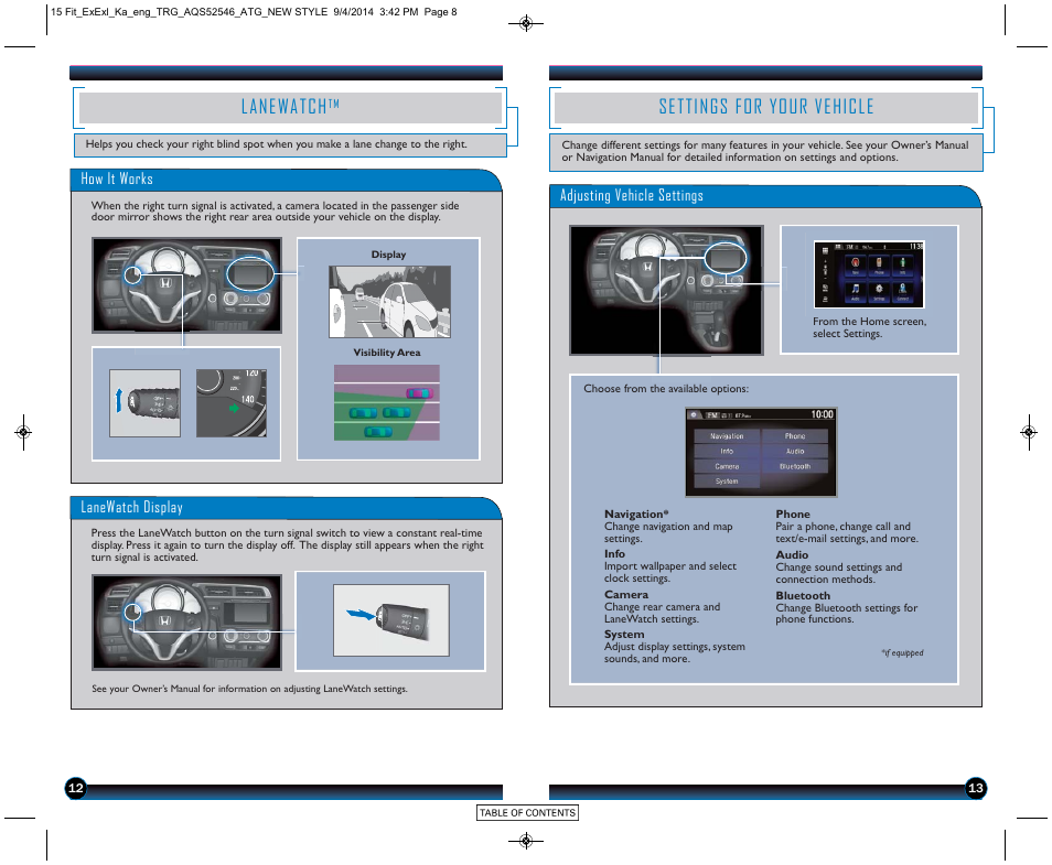Lanewatch™ settings for your vehicle, Lanewatch, Settings for your vehicle | HONDA 2015 Fit (EX/EX-L) - Technology Reference Guide (Revised 10/11/2014) User Manual | Page 8 / 20