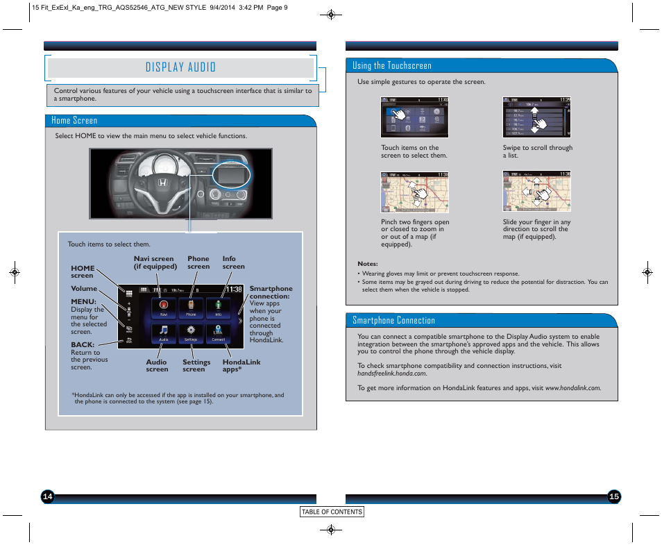 Display audio, Display audio p. 14, Using the touchscreen | Smartphone connection, Home screen | HONDA 2015 Fit (EX/EX-L) - Technology Reference Guide (Revised 10/11/2014) User Manual | Page 9 / 20