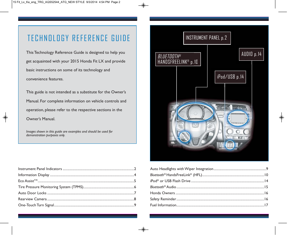 Bluetooth, Handsfreelink | HONDA 2015 Fit (LX) - Technology Reference Guide (Revised 10/11/2014) User Manual | Page 2 / 10