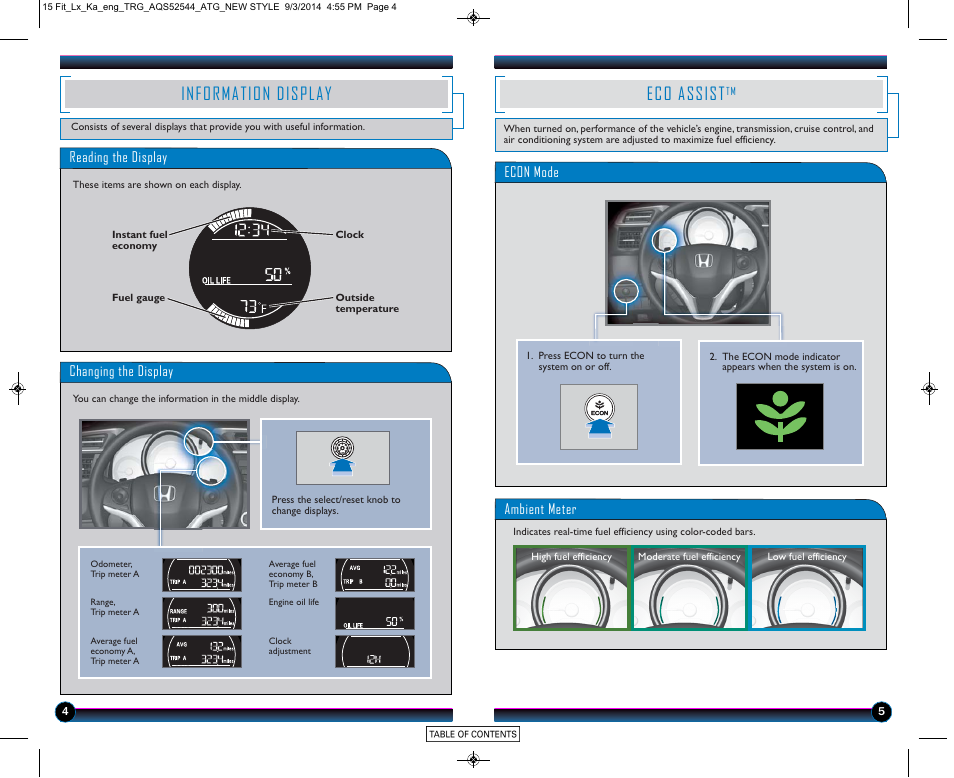 Information display, Eco assist | HONDA 2015 Fit (LX) - Technology Reference Guide (Revised 10/11/2014) User Manual | Page 4 / 10