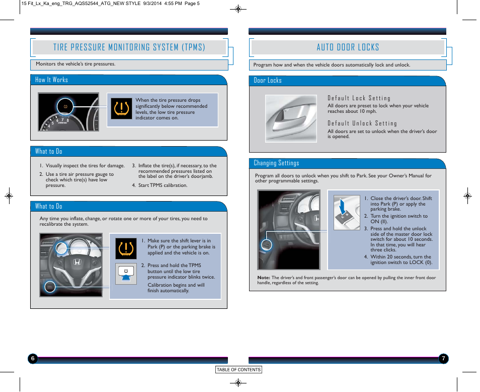 Tire pre ssure monitoring system (tpms), Auto door locks, Tire pressure monitoring system (tpms) | HONDA 2015 Fit (LX) - Technology Reference Guide (Revised 10/11/2014) User Manual | Page 5 / 10