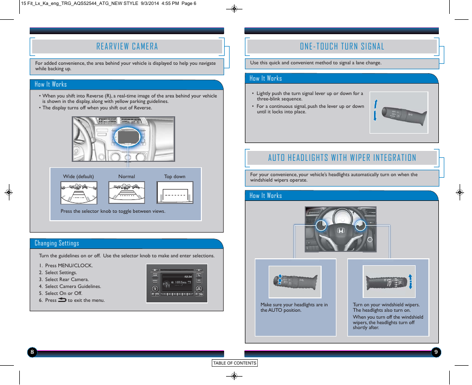 Auto headlights with wiper integration, Rearview camera, One-touch turn signal | HONDA 2015 Fit (LX) - Technology Reference Guide (Revised 10/11/2014) User Manual | Page 6 / 10