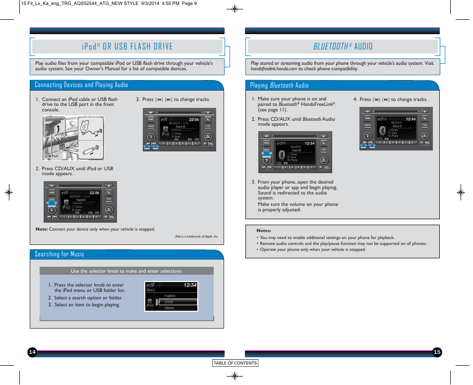 Ipod, Or usb flash drive, Bluetooth | Audio, Ipod/usb p. 14, Audio p. 14 | HONDA 2015 Fit (LX) - Technology Reference Guide (Revised 10/11/2014) User Manual | Page 9 / 10