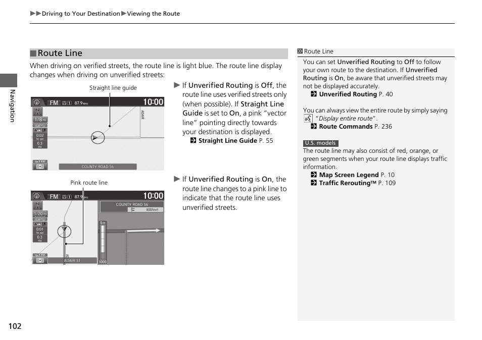 P102), Route line | HONDA 2015 Fit - Navigation Manual User Manual | Page 103 / 253