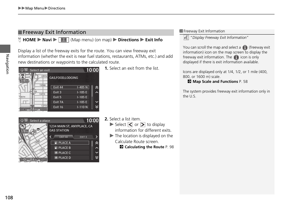 Freeway exit information | HONDA 2015 Fit - Navigation Manual User Manual | Page 109 / 253