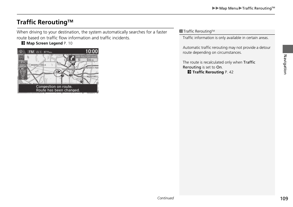 P109), Traffic rerouting, P. 109 | HONDA 2015 Fit - Navigation Manual User Manual | Page 110 / 253