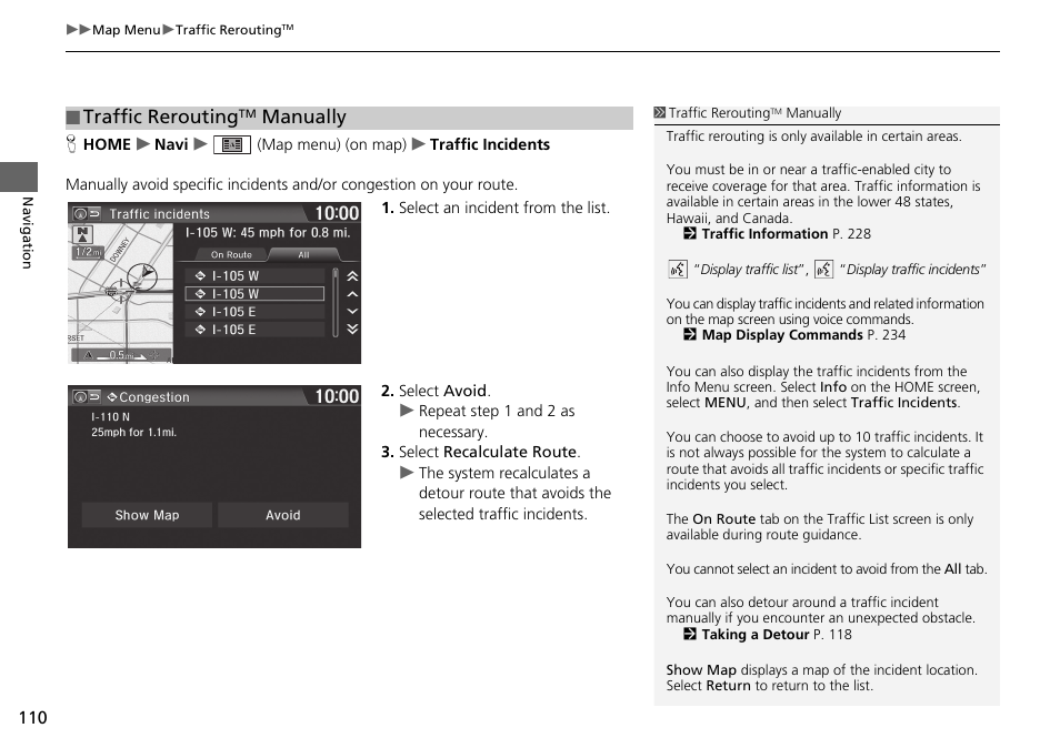 Traffic rerouting, Manually | HONDA 2015 Fit - Navigation Manual User Manual | Page 111 / 253