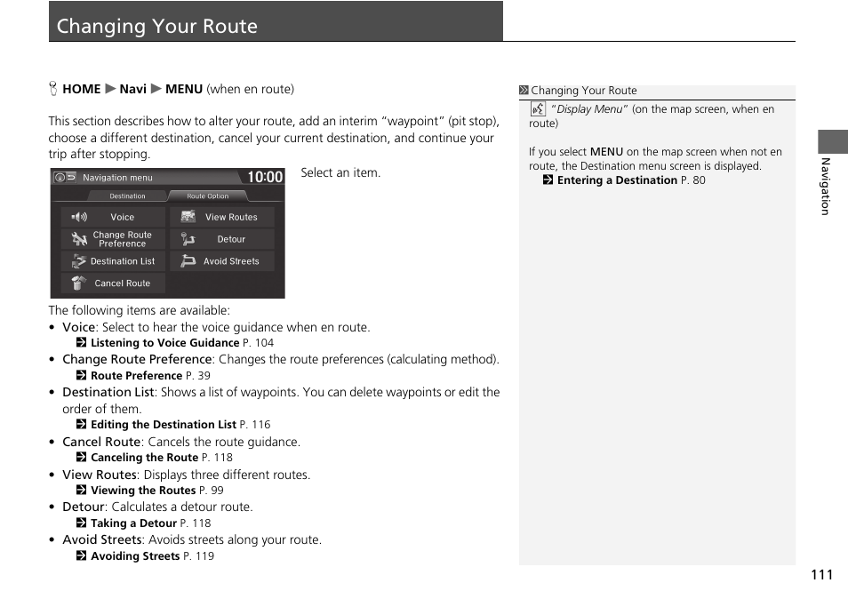 Changing your route 111, Changing your route | HONDA 2015 Fit - Navigation Manual User Manual | Page 112 / 253