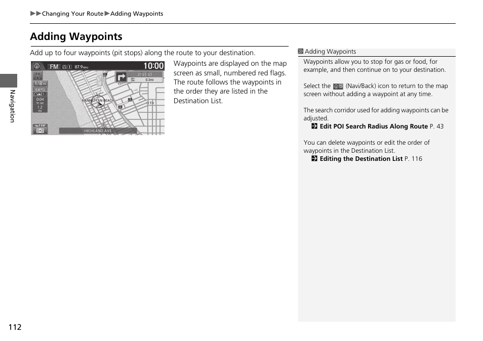 P112), Adding waypoints | HONDA 2015 Fit - Navigation Manual User Manual | Page 113 / 253