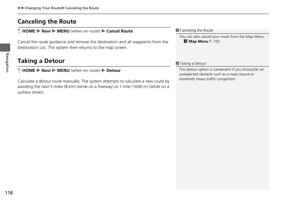 Canceling the route taking a detour, Canceling the route p. 118, Taking a detour p. 118 | Canceling the route, Taking a detour | HONDA 2015 Fit - Navigation Manual User Manual | Page 119 / 253