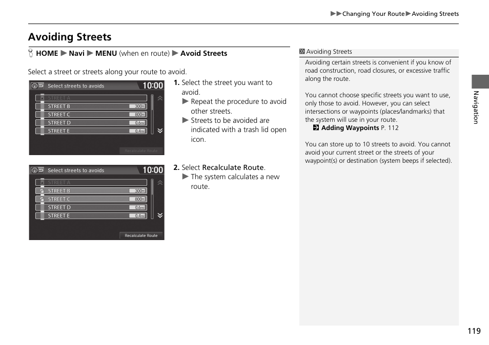 P119), Avoiding streets, Avoiding streets p. 119 | HONDA 2015 Fit - Navigation Manual User Manual | Page 120 / 253