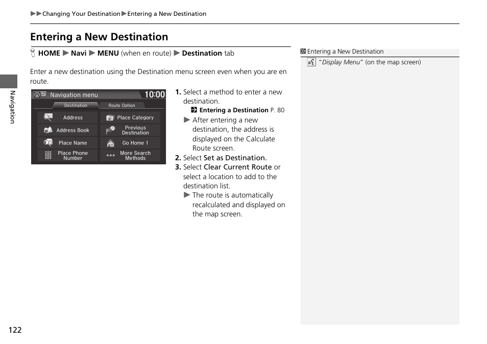 P122), Entering a new destination | HONDA 2015 Fit - Navigation Manual User Manual | Page 123 / 253