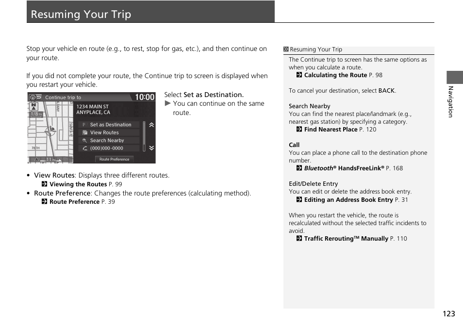 Resuming your trip 123, Resuming your trip | HONDA 2015 Fit - Navigation Manual User Manual | Page 124 / 253