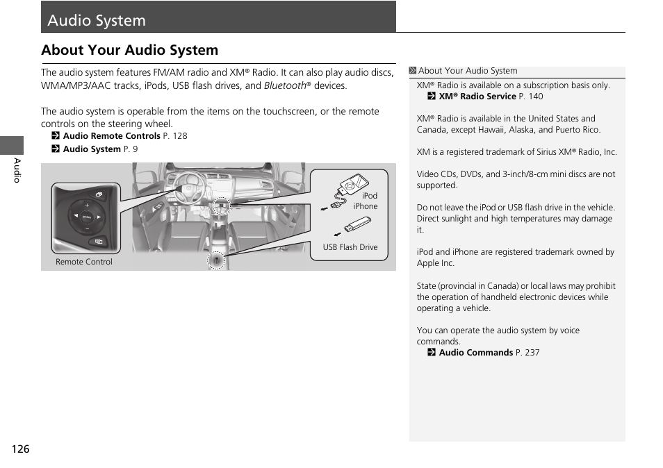 Audio system 126, Audio system, About your audio system | HONDA 2015 Fit - Navigation Manual User Manual | Page 127 / 253