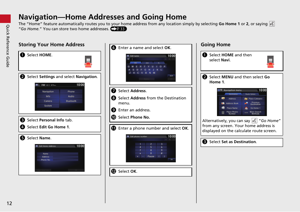 Navigation—home addresses and going home | HONDA 2015 Fit - Navigation Manual User Manual | Page 13 / 253