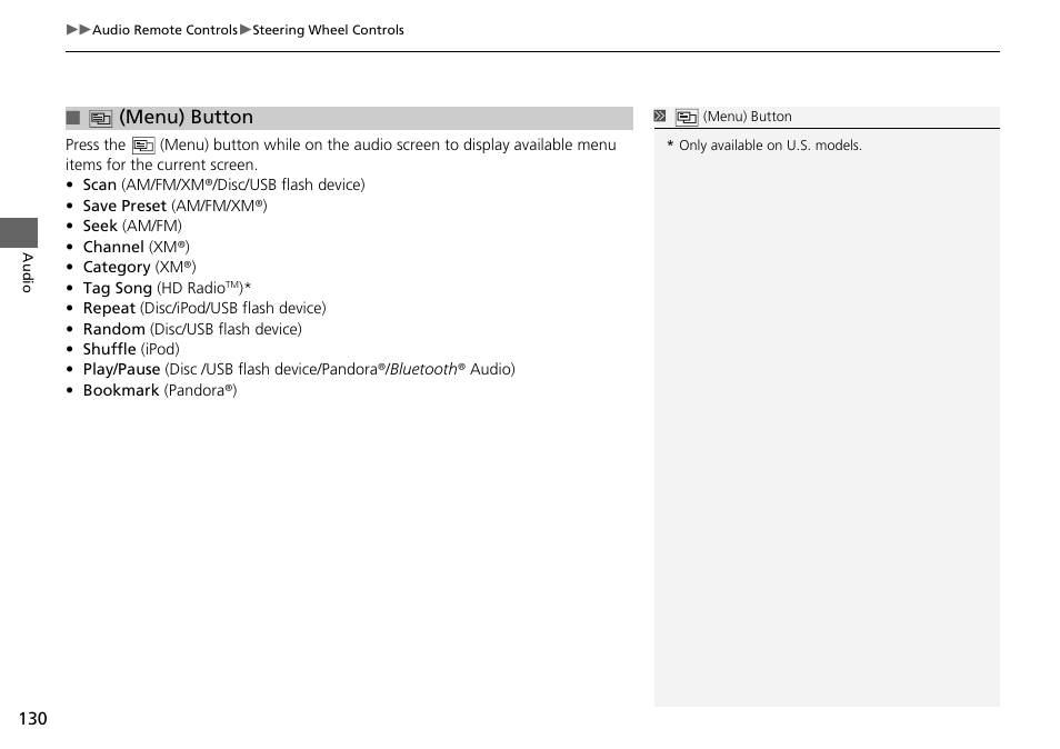 P130), Menu) button | HONDA 2015 Fit - Navigation Manual User Manual | Page 131 / 253