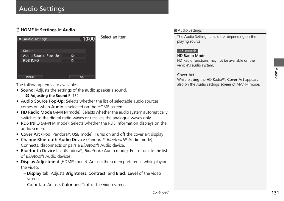 Audio settings 131, Audio settings | HONDA 2015 Fit - Navigation Manual User Manual | Page 132 / 253