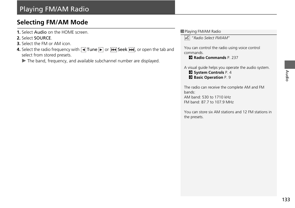 Playing fm/am radio 133, P133), Playing fm/am radio | Selecting fm/am mode | HONDA 2015 Fit - Navigation Manual User Manual | Page 134 / 253