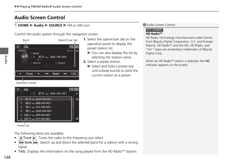 Audio screen control | HONDA 2015 Fit - Navigation Manual User Manual | Page 135 / 253