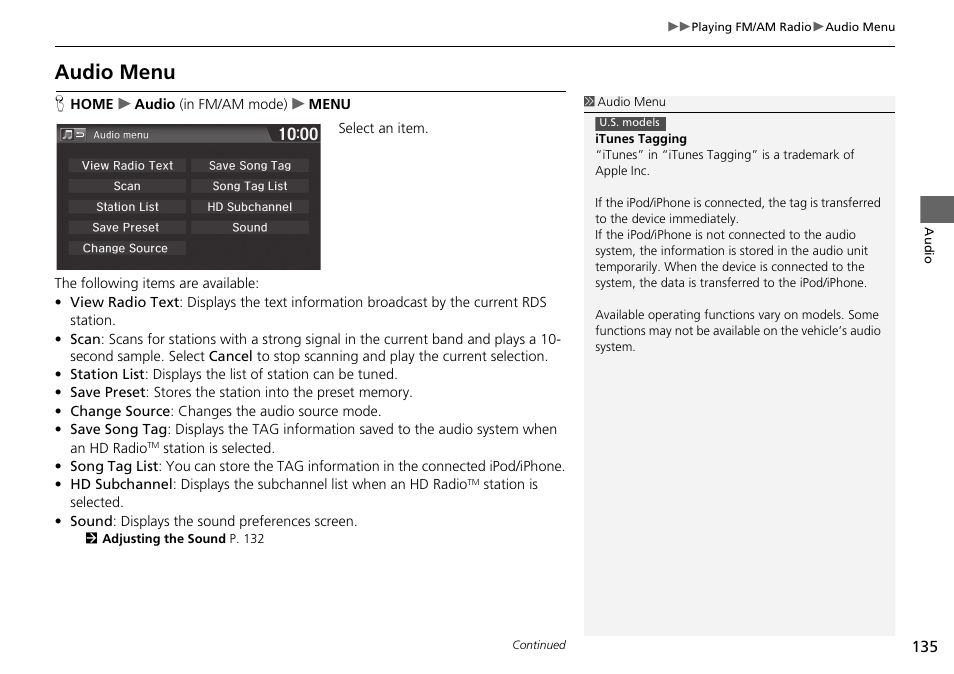 Audio menu | HONDA 2015 Fit - Navigation Manual User Manual | Page 136 / 253