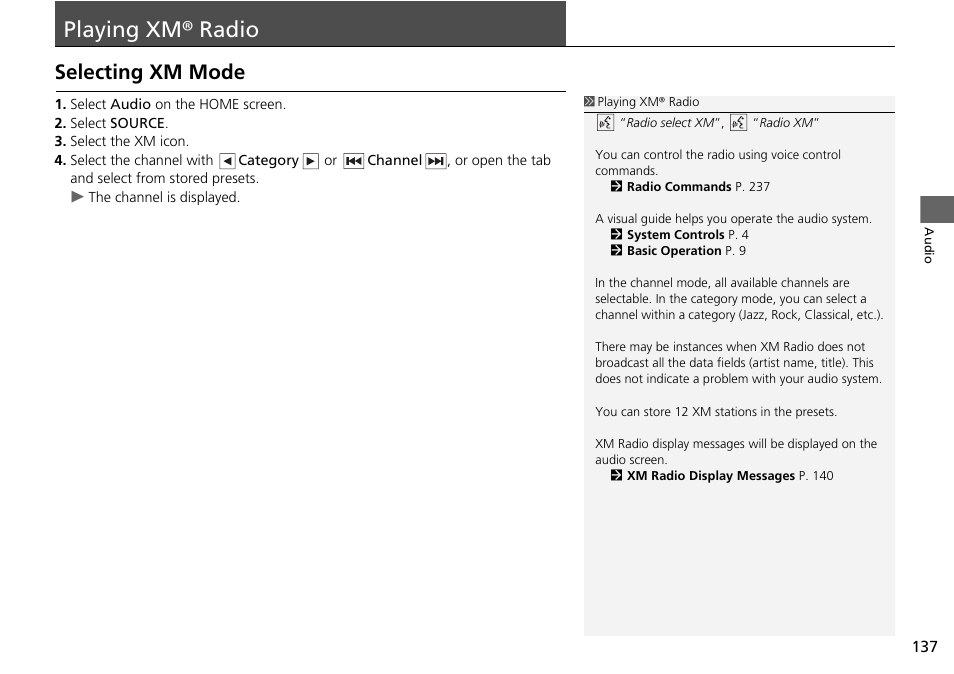 Playing xm® radio 137, P137), Playing xm® radio | Selecting xm mode | HONDA 2015 Fit - Navigation Manual User Manual | Page 138 / 253