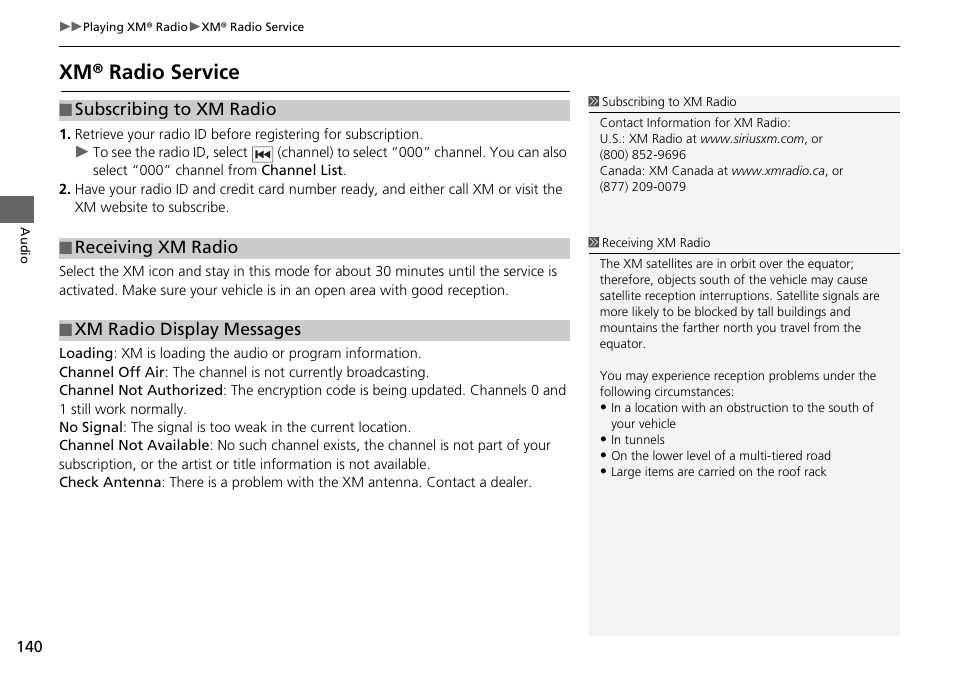 Xm® radio service, Xm radio display messages | HONDA 2015 Fit - Navigation Manual User Manual | Page 141 / 253