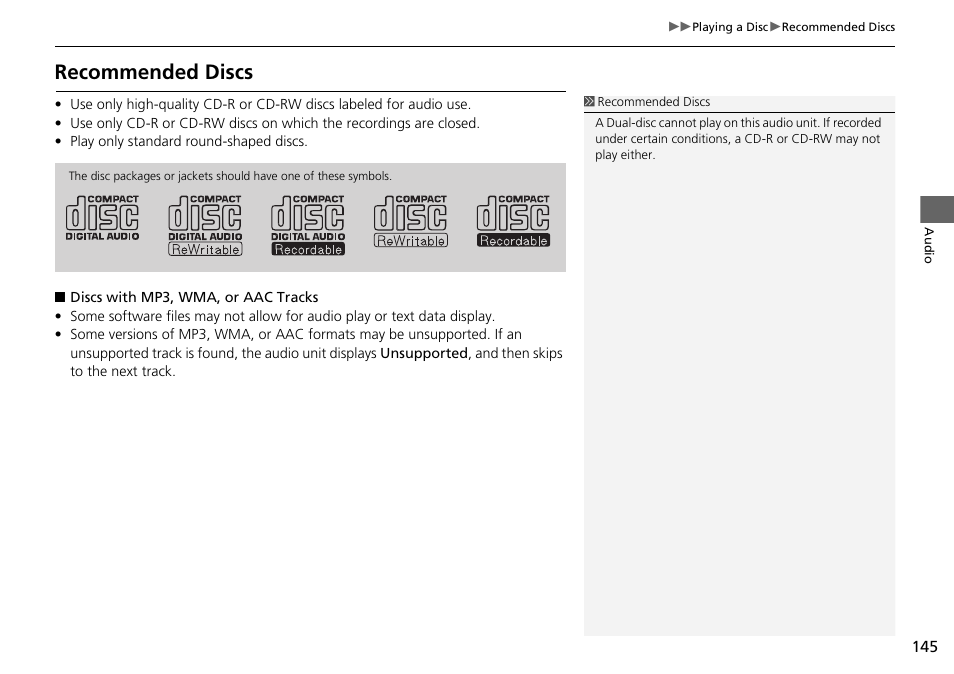 Recommended discs | HONDA 2015 Fit - Navigation Manual User Manual | Page 146 / 253