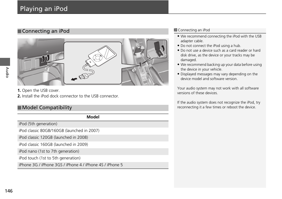 Playing an ipod 146, P146), Playing an ipod | HONDA 2015 Fit - Navigation Manual User Manual | Page 147 / 253