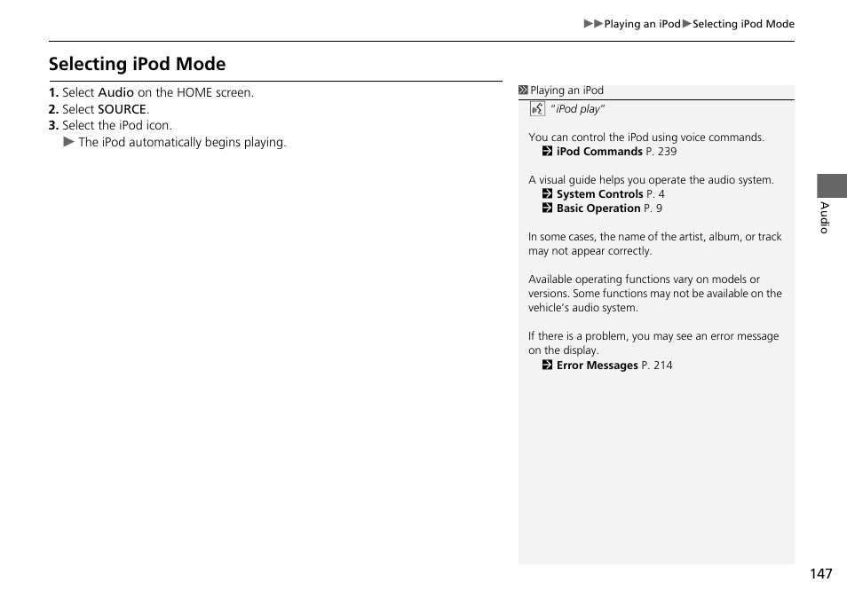 Selecting ipod mode | HONDA 2015 Fit - Navigation Manual User Manual | Page 148 / 253